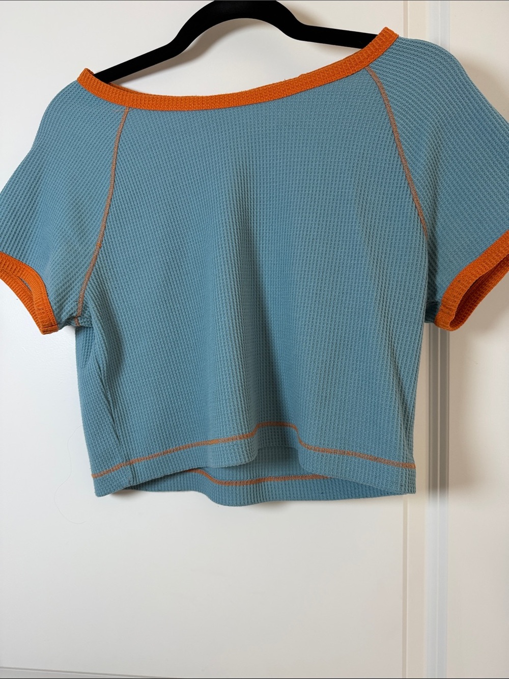 wild fable Light Blue Cropped Waffle Tee with Orange Trim